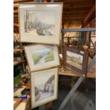 FOUR VARIOUS FRAMED PICTURES THREE OF RIVER SCENES AND ONE OF A COTTAGE