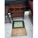 A MAHOGANY CANTERBURY STYLE MAGAZINE RACK ON BRASS CASTERS (AF), A VINTAGE BREAD BOARD AMD A