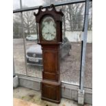 A 19TH CENTURY OAK AND CROSSBANDED EIGHT DAY LONGCASE CLOCK WITH ROLLING MOON ENAMEL DIAL (LEEK)