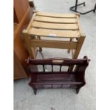 A MAHOGANY MAGAZINE RACK AND A BEECH STOOL