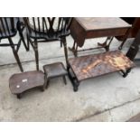 A SMALL ELM STOOL, LEATHER TOP STOOL ON TURNED LEGS AND VERY SMALL STOOL WITH REXINE TOP