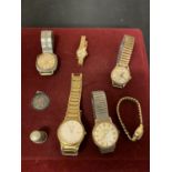 FOUR METAL STRAPPED GENTLEMEN'S WATCHES AND TWO GOLD LADIES WRISTWATCHES