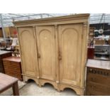 A VICTORIAN PINE ARCHED THREE DOOR CUPBOARDS ON BASE, 75" WIDE, 18" DEEP AND 72" HIGH, WITH FITTED