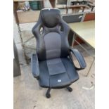 A BLACK LEATHERETTE OFFICE CHAIR