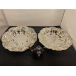 A PAIR OF SILVER PLATED ORNATE BOWLS AND A SMALL BLUE GLASS AND METAL DECORATIVE POT