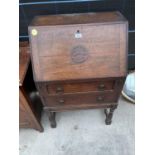 AM OAK BUREAU WITH FALL FRONT AND TWO DRAWERS