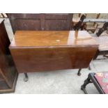 A 19TH CENTURY MAHOGANY DROP-LEAF DINING TABLE ON PAD FEET, 43x51" OPEN