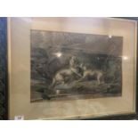 A WOODEN FRAMED VINTAGE PRINT OF TWO DOGS AND A BADGER