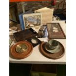 VAROUS ITEMS TO INCLUDE AWOODEN TRAY, PLATTER, FRAMED PICTURE, JASPERWARE, ETC