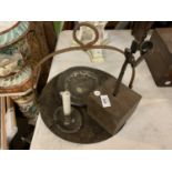 AN ANTIQUE RUSH REED/RUSHNIP LIGHT, 19TH CENTURY PLATE,FIRE SKILLET AND CANDLESTICK STICK HOLDER