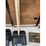 FIVE PLASTIC SNOW SHOVELS WITH WOODEN HANDLES