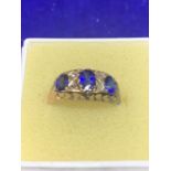 A 9 CARAT YELLOW GOLD RING WITH THREE IN LINE BLUE STONES GROSS WEIGHT APPROXIMATELY 2.1 GRAMS