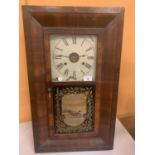 A LARGE MAHOGANY WALL CLOCK WITH PAINTED GLASS DETAIL H:66CM