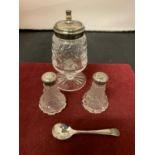 A CUT GLASS CRUET WITH HALL MARKED SILVER TOPS AND A FURTHER MUSTARD POT