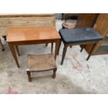 TWO PIANO STOOLS AND RUSH SEATED STOOL