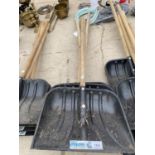 FIVE PLASTIC SNOW SHOVELS WITH WOODEN HANDLES