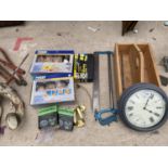 AN ASSORTMENT OF ITEMS TO INCLUDE A WALL CLOCK, POWER CRAFT JOINERS SETS AND HOLE SAW BITS ETC