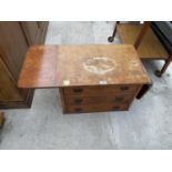 A SMALL YEW WOOD CHEST OF THREE DRAWERS WITH TWO SIDE LEAVES (1 AF)