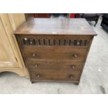 AN OAK JACOBEAN STYLE CHEST OF FOUR DRAWERS WITH ACORN TYPE KNOBS, 30" WIDE, WITH ORIGINAL ARIGI
