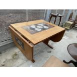 A RETRO TEAK DROP-LEAF DINING TABLE WITH TILED INSET TOP, 43x35.5" (73" OPEN)