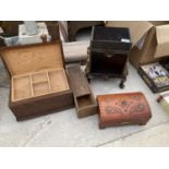 AN ASSORTMENT OF TREEN ITEMS TO INCLUDE A MUSIC BOX, JEWELLERY BOX AND OTHER STORAGE BOXES ETC