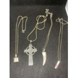 FOUR SILVER NECKLACES MARKED 925 WITH PENDANTS TO INCLUDE A CROSS, TOOTH, CLEAR STONE AND PINK STONE
