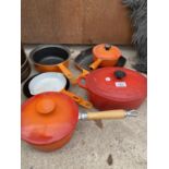 A SET OF SEVEN LE CREUSET PANS TO INCLUDE A MILK PAN, GRIDDLE PAN AND STOCK POT