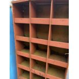 A VINTAGE RED METAL 18 PIGEON HOLE STORAGE CABINET (H:184CM W:92CM)