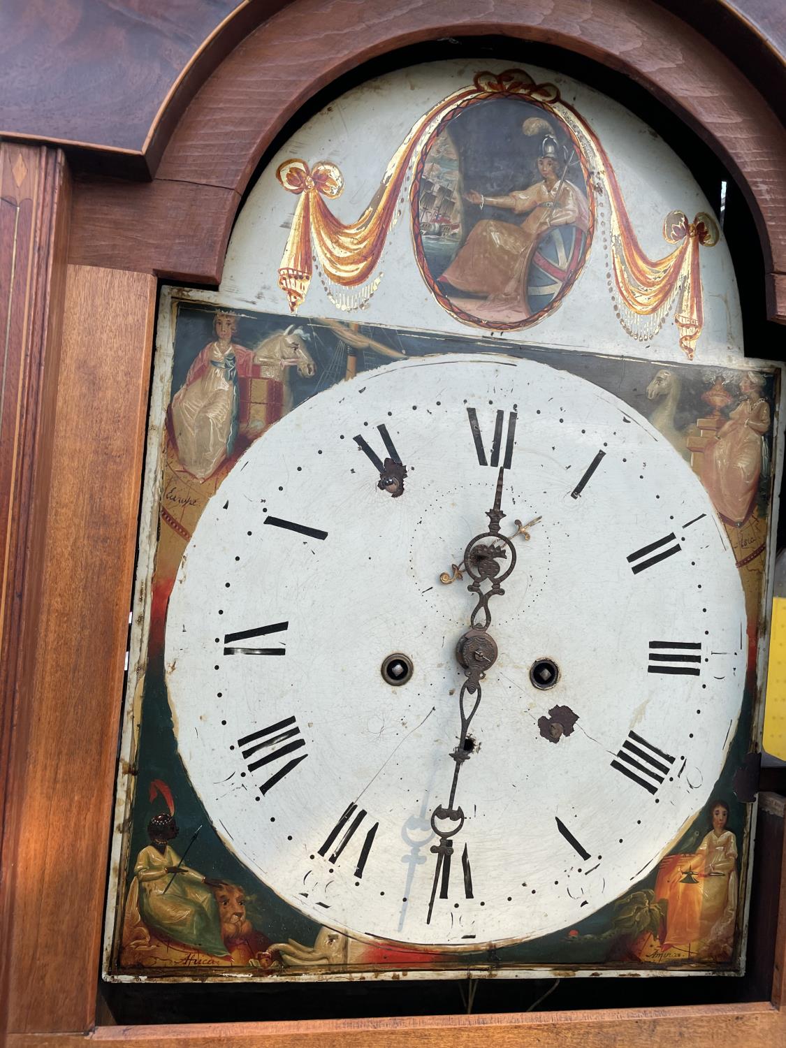 A 19TH CENTURY MAHOGANY AND INLAID EIGHT DAY LONGCASE CLOCKW ITH ENAMEL DIAL DEPICTING BRITANNIA - Image 8 of 10