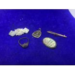 THREE BROOCHES TWO MARKED SILVER, A SILVER RING AND A ST CHRISTOPHER PENDANT