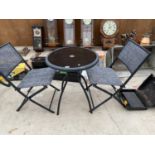 A METAL BISTRO TABLE WITH GLASS TOP AND TWO BISTRO CHAIRS