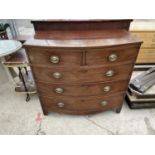A 19TH CENTURY MAHOGANY BOWFRONTED CHEST OF TWO SHORT AND THREE GRADUATED DRAWERS, 41" WIDE
