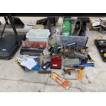 A LARGE ASSORTMENT OF HAND TOOLS TO INCLUDE A MITRE SAW, DRILLS, WIRE BRUSHES ETC