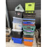 A QUANTITY OF STORAGE BOXES TO INCLUDE SOME STACKABLE BREAD TRAYS