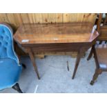 A 19TH CENTURY MAHOGANY AND CROSSBANDED FOLD-OVER CARD TABLE ON TAPERING LEGS, 36" WIDE