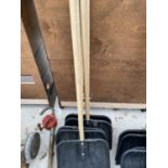 FIVE PLASTIC SNOW SHOVELS WITH WOODEN HANDLES