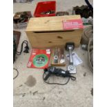 AN ASSORTMENT OF ITEMS TO INCLUDE A PINE STORAGE BOX, BOSCH ANGLE GRINDER AND DIAMOND CUTTING