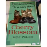 A CHERRY BLOSSOM SHOE POLISH METAL SIGN WITH THREE CATS IN BOOTS