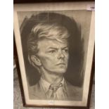 A FRAMED PENCIL DRAWING OF A YOUNG DAVID BOWIE SIGNED LYNCH '83