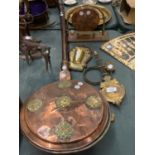 A BRASS AND COPPER GONG, A BRASS WALL SPILL HOLDER, A COPPER WARMING PAN AND A PAIR OF CLOCK WEIGHTS