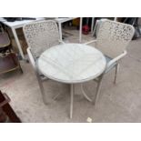 A ROUND PATIO TABLE AND TWO CHAIRS