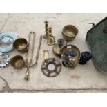 A COLLECTION OF BRASS ITEMS TO INCLUDE SCALES AND WEIGHTS, CANDLESTICKS, FIRE COMPANION ETC