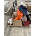 VARIOUS HOUSEHOLD CLEARANCE ITEMS - RECORDS, CUTLERY, METAL STAND ETC