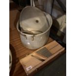 A LARGE ALUMINIUM COOKING POT AND A VINTAGE MANDOLIN SLICER