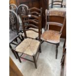 A PAIR OF LADDERBACK RUSH SEATED BEDROOM CHAIRS AND A VICTORIAN KITCHEN CHAIR