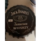 A VINTAGE GARAGE RETRO 'JACK DANIELS' HANGING WALL BEER BOTTLE CAP DISPLAY SIGN 35 CM