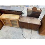 A SMALL OAK BEDDING CHEST AND A WALL MOUNTED PINE CABINET WITH TWO GLAZED DOORS