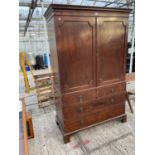 A VICTORIAN MAHOGANY LINEN PRESS ON BRACKET FEET WITH TWO SHORT AND TWO LONG DRAWERS, TWO UPPER