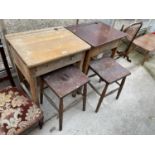 TWO CHILD'S SCHOOL DESKS AND A PAIR OF PAINTED STOOLS