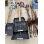 FIVE PLASTIC SNOW SHOVELS WITH WOODEN HANDLES